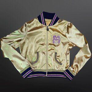Y2K Apple Bottoms Gold Satin Souvenir Bomber Jacket Size L Rhinestone Full Zip